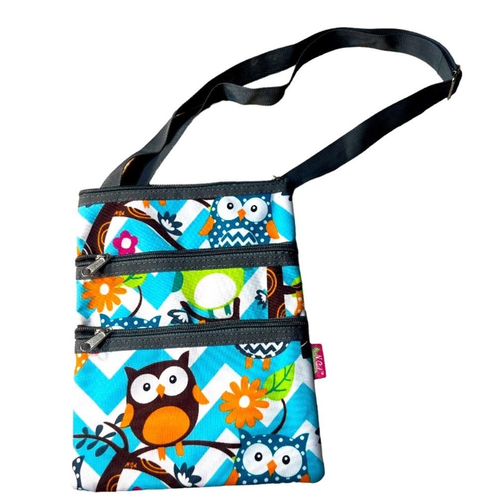 Owl Print Aqua Chevron Messenger Crossbody Bag. NEW WOT
